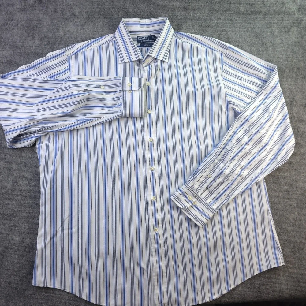 Polo Ralph Lauren Shirt 2XL 18 White Blue Striped Long‎ Sleeve Button Up Cotton